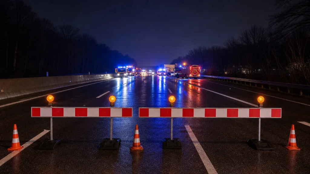 Abgesperrte Autobahn bei Nacht als Symbol für einen tödlichen Unfall auf der A3.