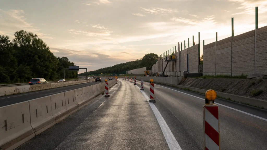 Autobahnbaustelle mit Lärmschutzwand als Symbolbild für die Sperrung der A30-Ausfahrt Löhne.