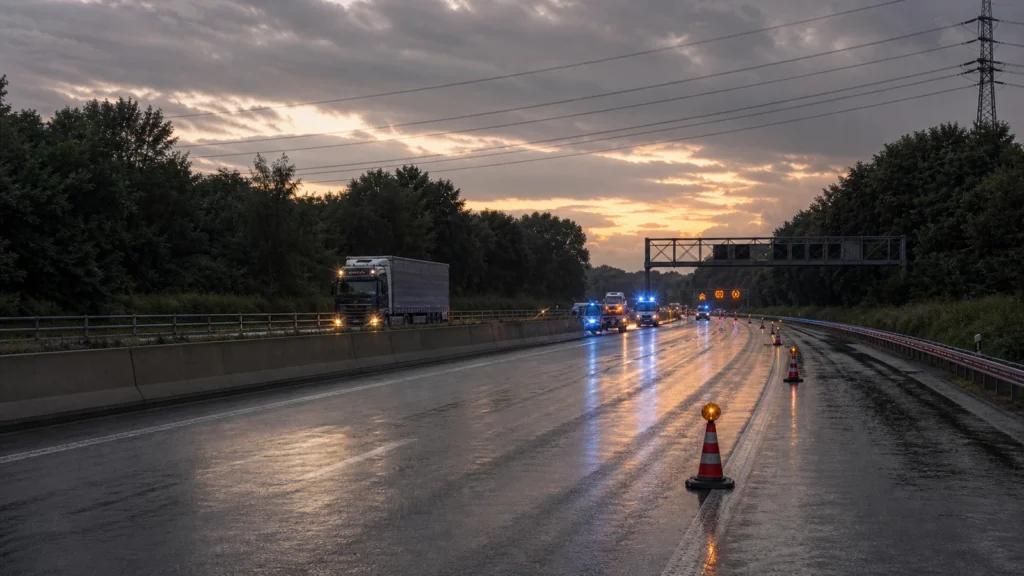 Abgesicherte Autobahn bei Dämmerung als Symbolbild für einen Polizeieinsatz auf der A40.