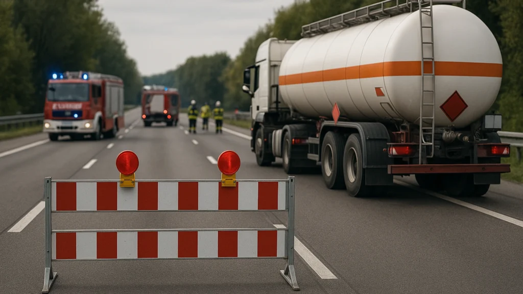 Gesperrte Autobahn mit Einsatzfahrzeugen als Symbol für einen Gefahrguteinsatz auf der A57.