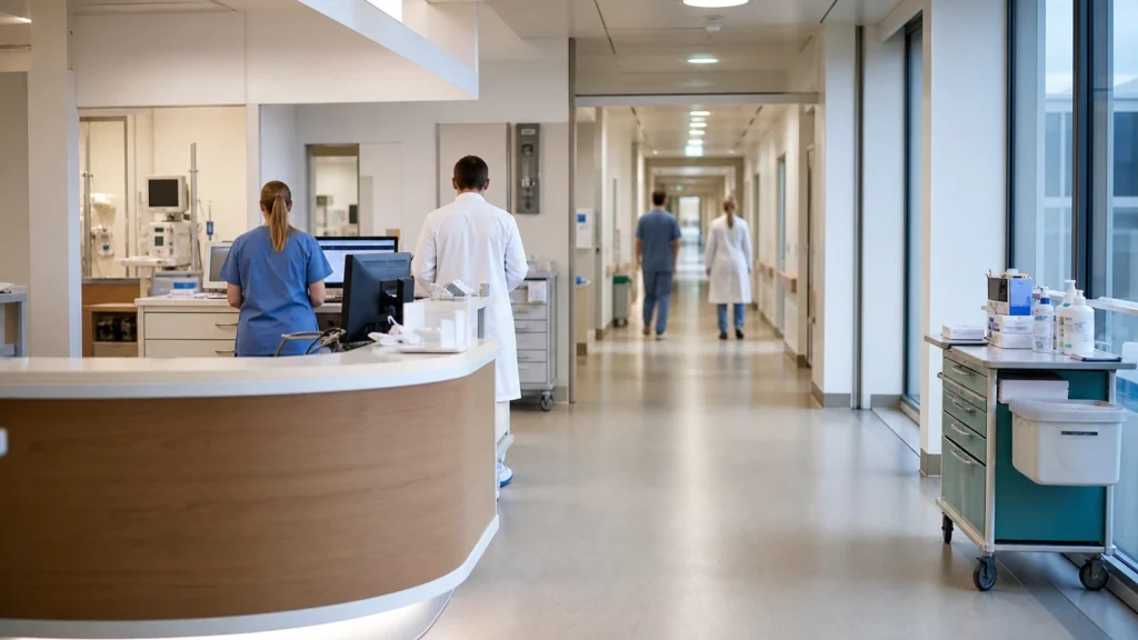 Moderner Krankenhausflur als Symbolbild für Ärztinnen und Ärzte in NRW-Kliniken.