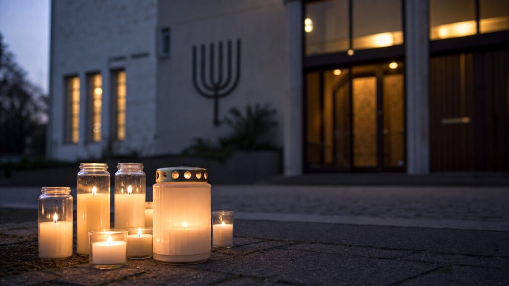 Kerzen vor einer jüdischen Einrichtung als Symbol gegen Antisemitismus.