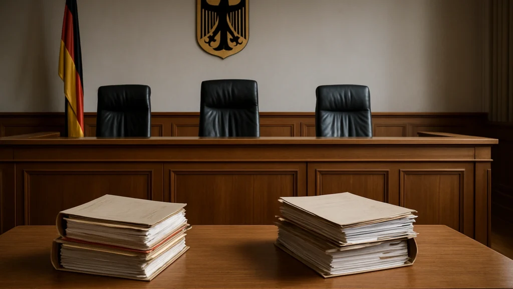 Leerer Gerichtssaal als Symbol für ein Revisionsverfahren vor Gericht.