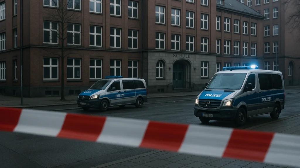 Abgesperrte Schule mit Polizeifahrzeugen als Symbol für einen Polizeieinsatz in Bochum.
