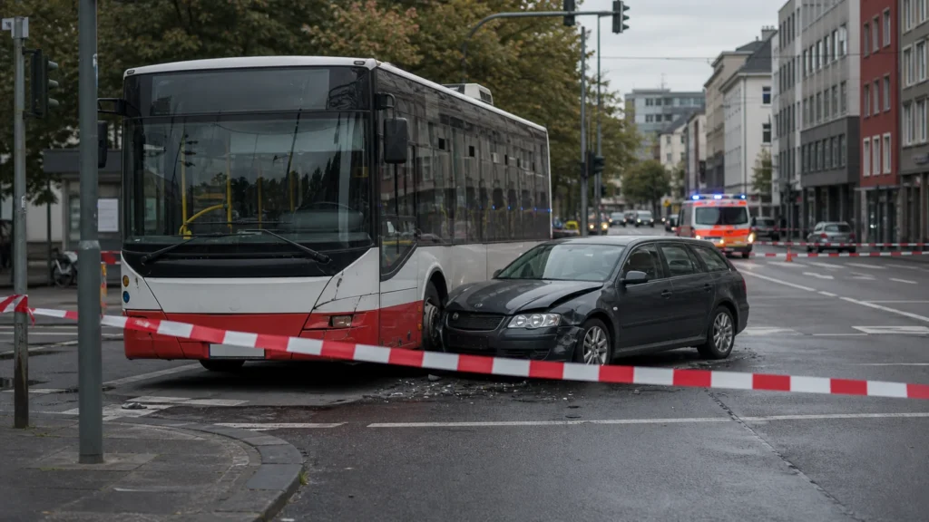 Linienbus und Auto an einer Kreuzung als Symbol für einen Verkehrsunfall.