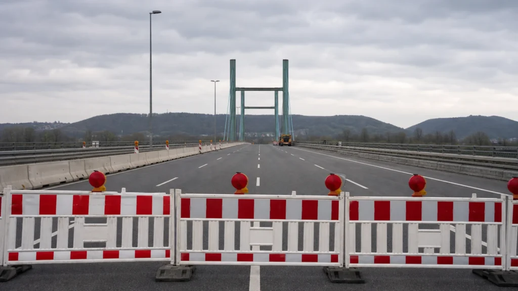 Gesperrte Rheinbrücke mit Absperrungen als Symbol für die Bonner Nordbrücke.