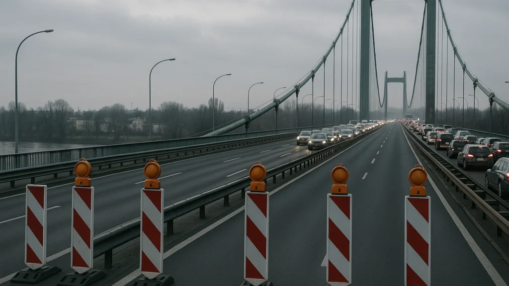 Gesperrte Rheinbrücke bei Bonn als Symbol für Verkehrsprobleme im Berufsverkehr.