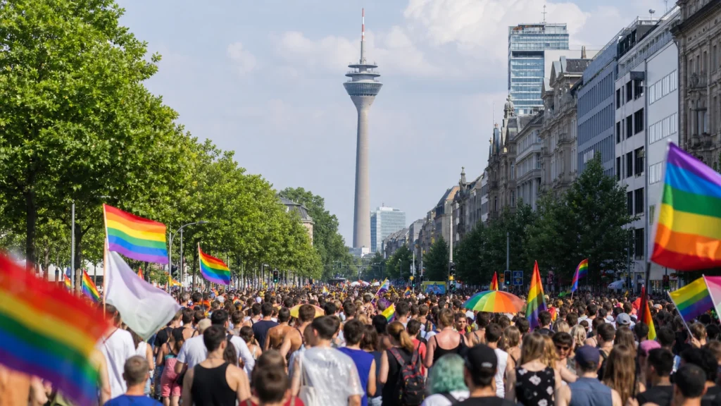 Bunte Demonstration in einer Großstadt als Symbol für den CSD Düsseldorf.