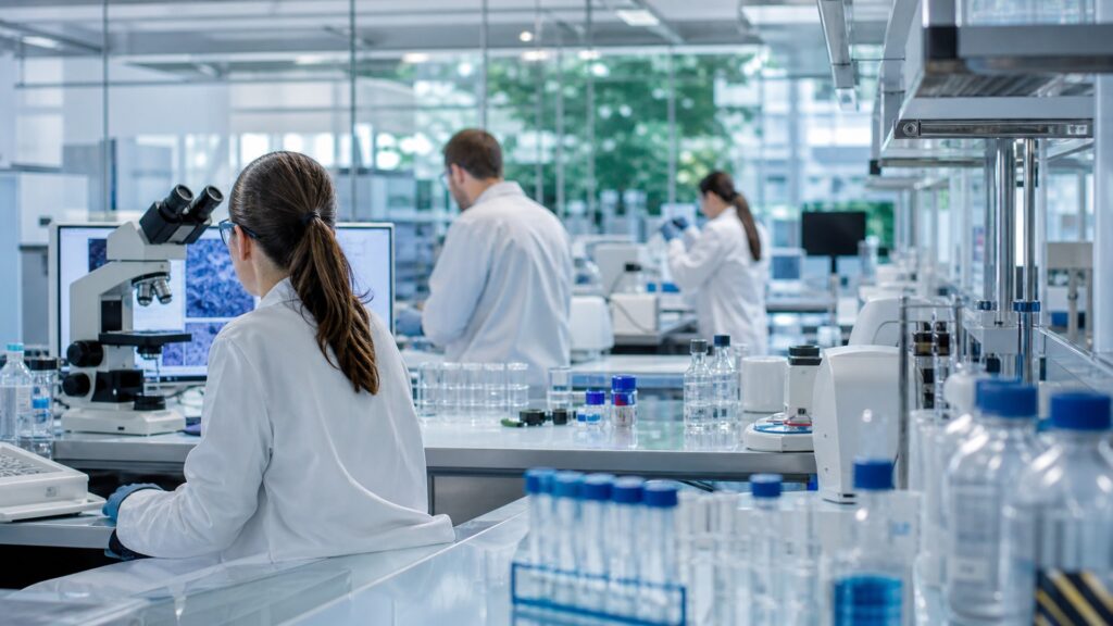 Forschende arbeiten in einem modernen Labor als Symbol für Wissenschaft in NRW.