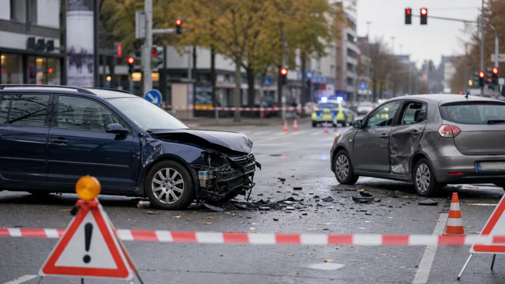 Stadtstraße mit Polizeieinsatz als Symbol für Unfall in Dortmund-Derne.