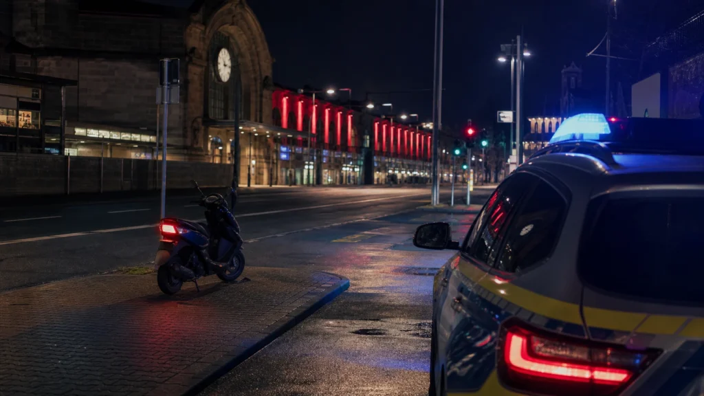 Polizeieinsatz bei Nacht als Symbol für eine Verfolgungsfahrt in Dortmund.