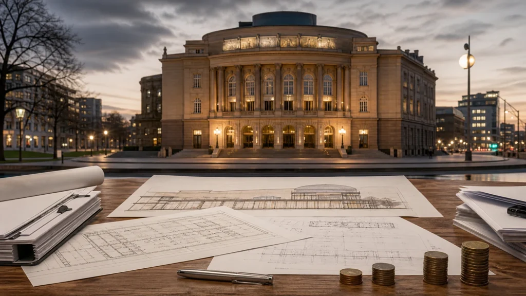 Operngebäude und Baupläne als Symbol für den abgesagten Opern-Neubau in Düsseldorf.