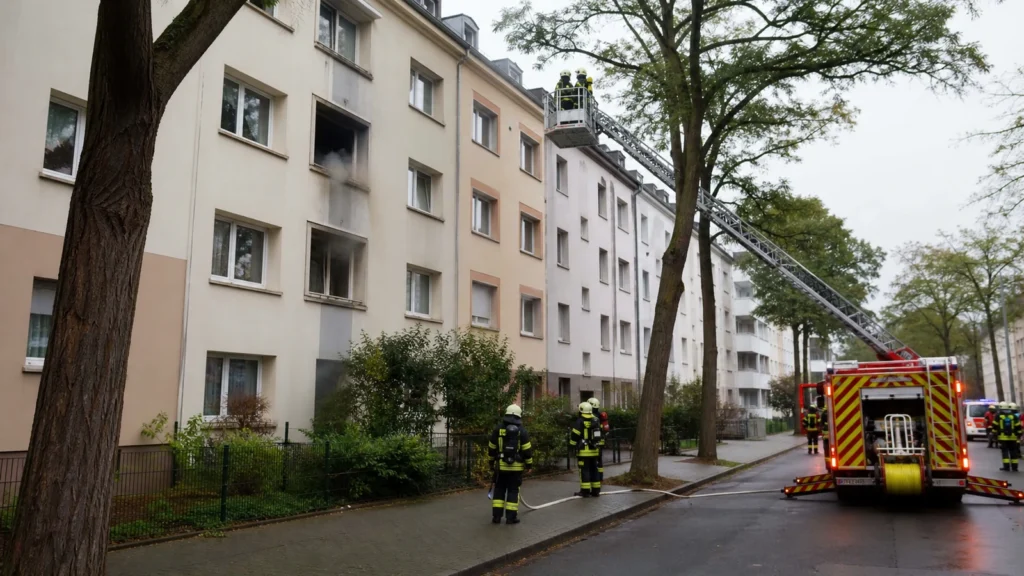 Feuerwehreinsatz vor einem Mehrfamilienhaus als Symbolbild für einen Wohnungsbrand in Düsseldorf-Unterbilk.