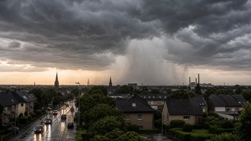 Gewitterfront und Regen über einer NRW-Stadt als Symbolbild für Hitze und Unwettergefahr.