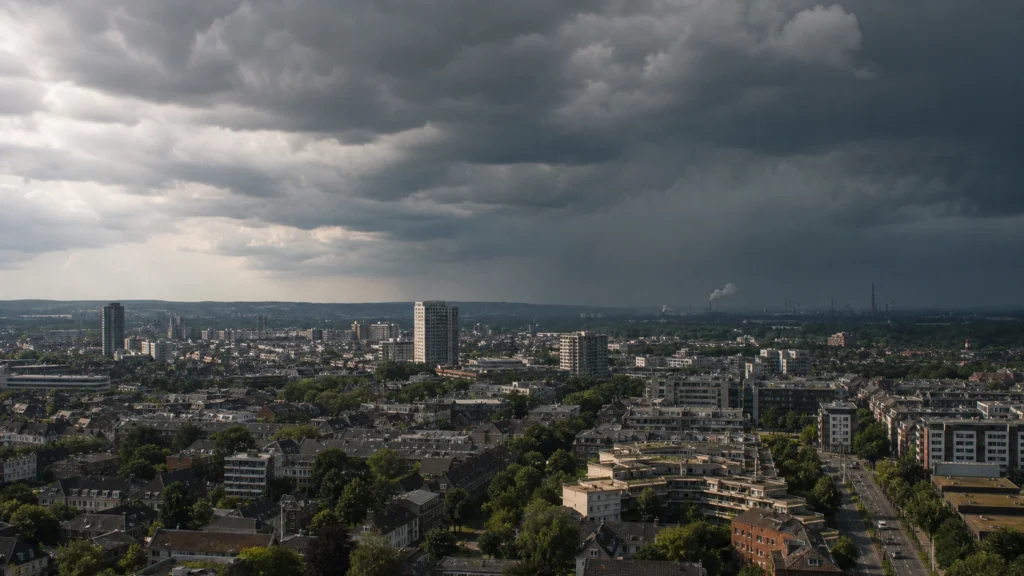 Gewitterwolken über einer NRW-Stadt als Symbol für die aktuelle DWD-Warnlage.