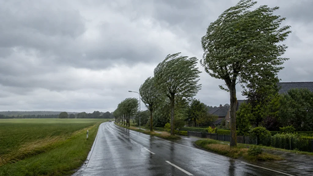 Regennasse Straße und windbewegte Bäume als Symbolbild für die Wetterlage in Nordrhein-Westfalen.