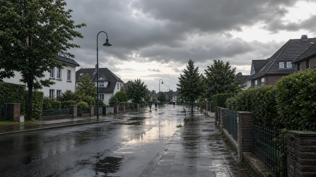 Regennasse Straße mit bewölktem Himmel als Symbolbild für Regen und Gewitterrisiko in NRW.