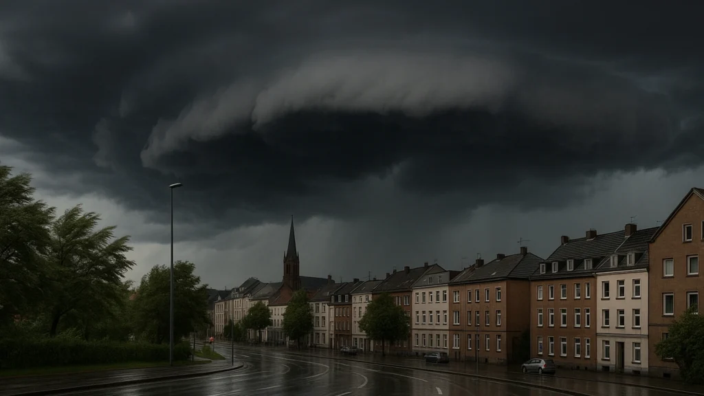 Dunkle Gewitterwolken über einer Stadt in Nordrhein-Westfalen.