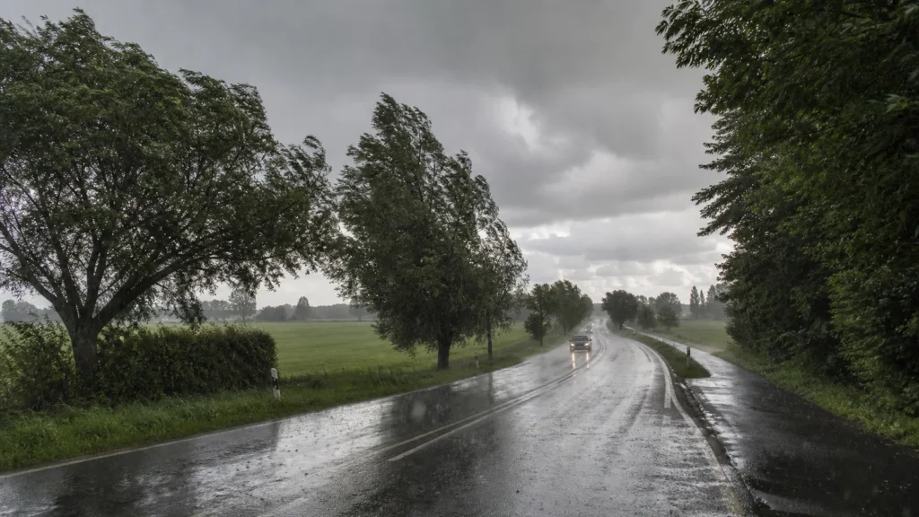 Nasse Straße und windbewegte Bäume als Symbolbild für windiges Schauerwetter in Nordrhein-Westfalen.