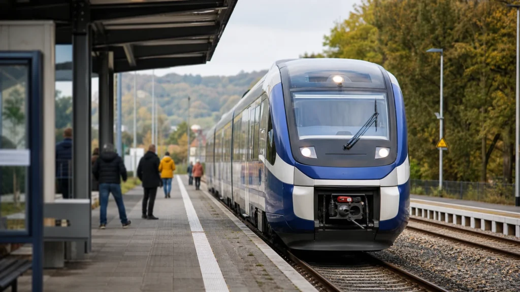 Regionalzug an einem Bahnhof als Symbolbild für die Wiederbedienung der Strecke nach Stolberg-Altstadt.
