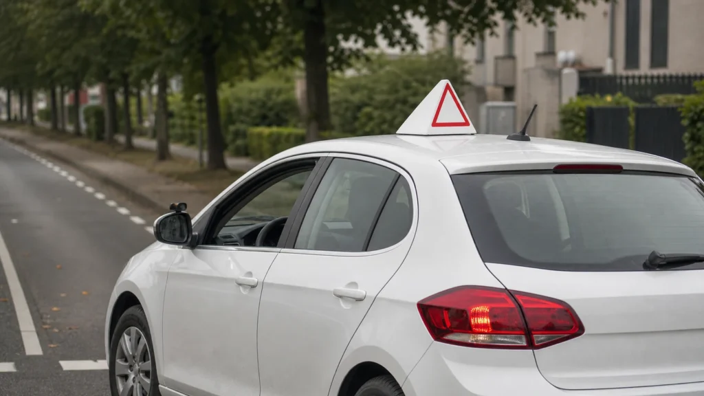 Fahrschulauto auf einer Straße als Symbolbild für gestiegene Fahrschulpreise in Nordrhein-Westfalen.