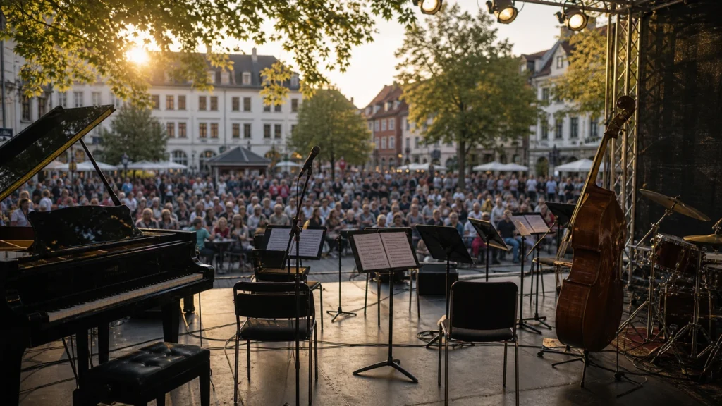Bühne auf einem Stadtplatz als Symbolbild für Musikveranstaltungen in NRW.
