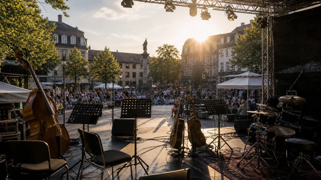 Open-Air-Bühne mit Instrumenten als Symbolbild für Musik in NRW.