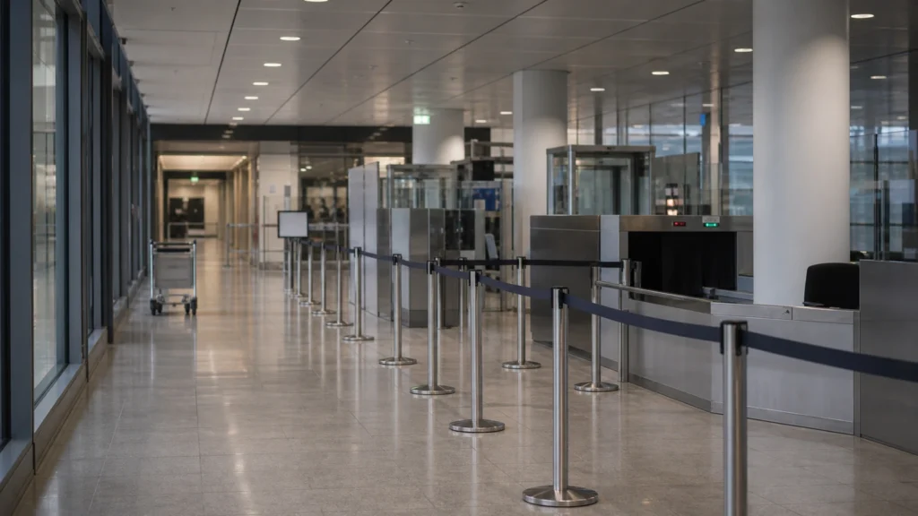 Neutraler Flughafen-Kontrollbereich als Symbolbild für eine Kontrolle am Flughafen Köln/Bonn.