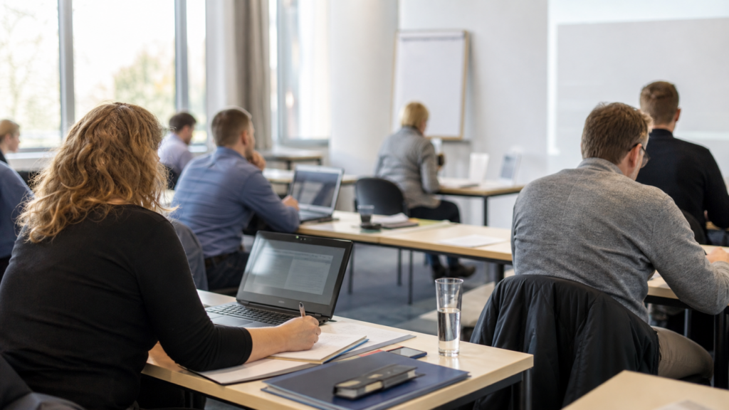 Teilnehmerinnen und Teilnehmer in einer Weiterbildungseinrichtung als Symbolbild für die Reform der Weiterbildung in NRW.