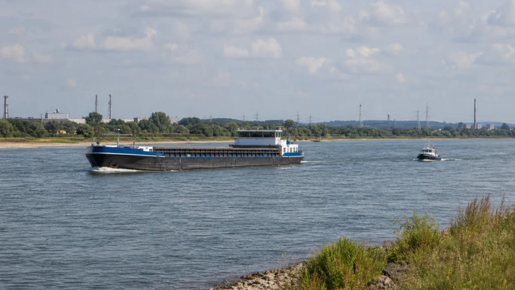 Gütermotorschiff auf dem Rhein als Symbolbild für einen Schifffahrtsvorfall bei Rheinberg.