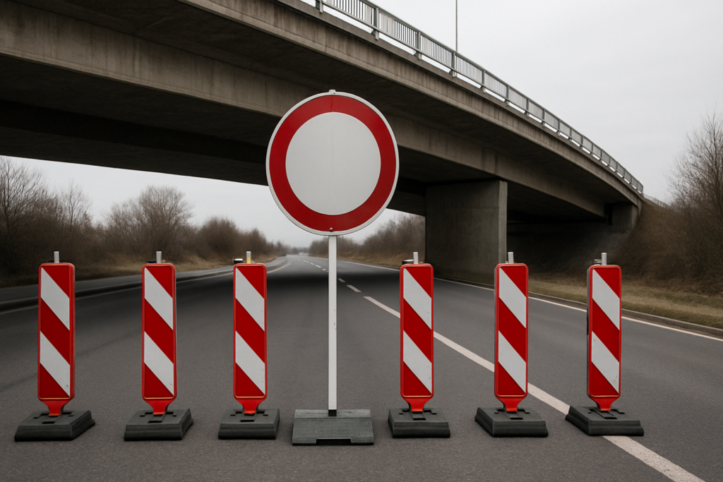 Sperrschild und Baustellenbaken unter einer Brücke