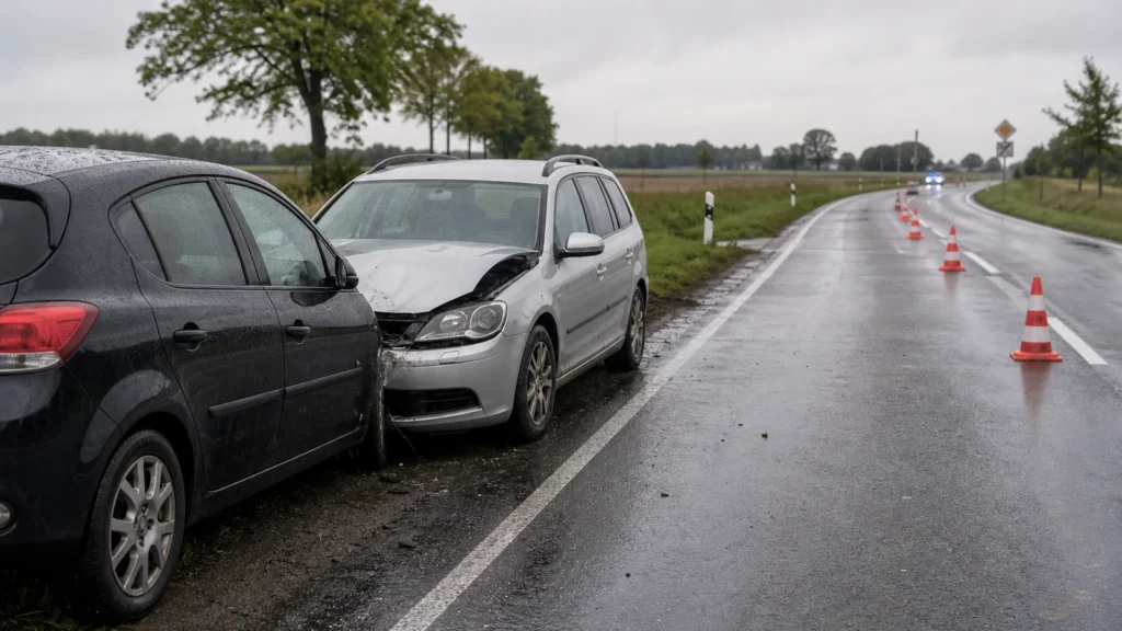 Zurückhaltende Unfallstelle auf einer Landstraße als Symbolbild für einen Auffahrunfall bei Jüchen.