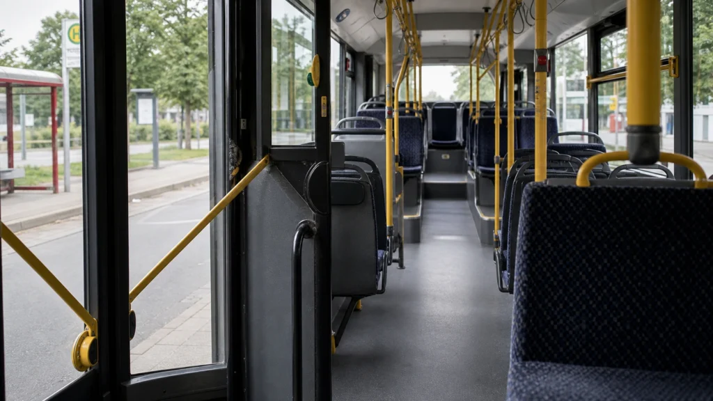 Leerer Linienbus-Innenraum als Symbolbild für einen Unfall in Kamp-Lintfort.
