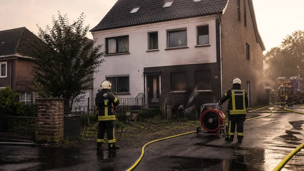 Feuerwehreinsatz vor einem Wohnhaus als Symbolbild für den Kellerbrand in Neuss-Reuschenberg.