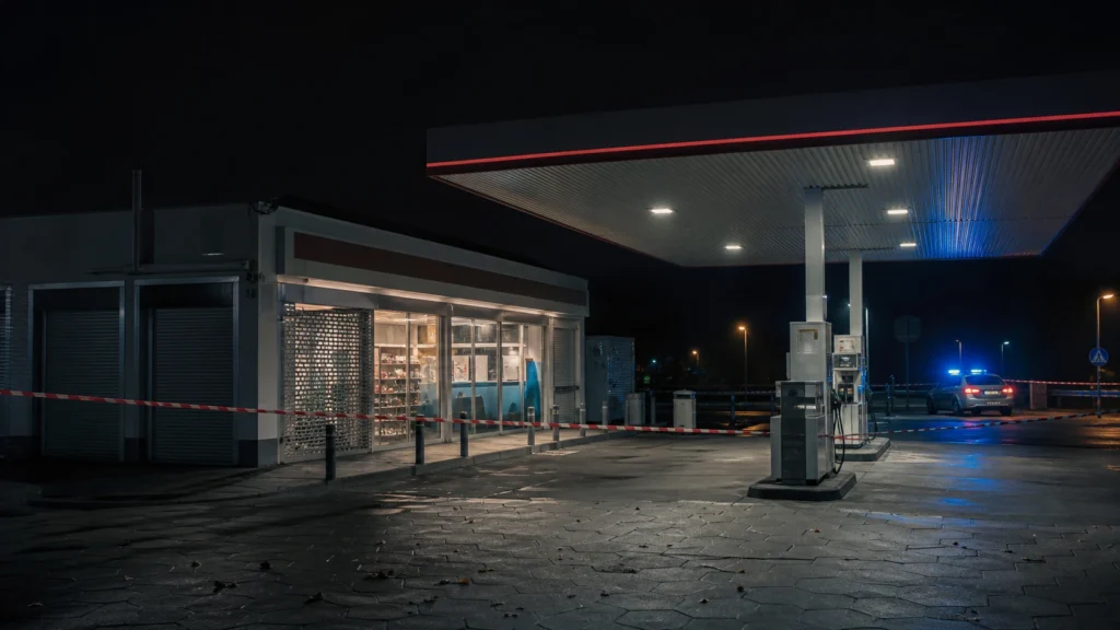 Tankstelle bei Nacht als Symbol für einen Einbruch in Kerken-Aldekerk.