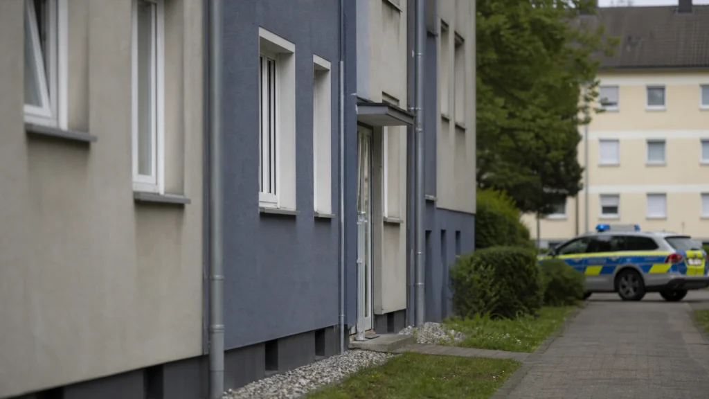 Mehrfamilienhaus mit Polizeieinsatz als Symbol für Ermittlungen in Köln-Bilderstöckchen.