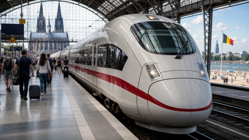 Moderner Hochgeschwindigkeitszug am Bahnhof als Symbol für den neuen Sommer-ICE von Köln nach Ostende.