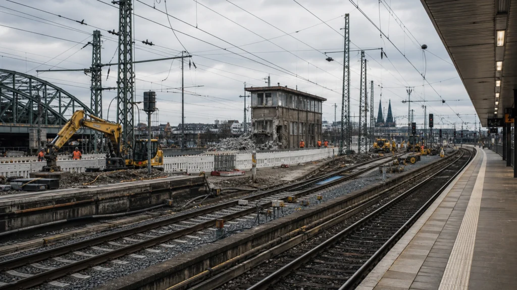 Gleisbaustelle an einem großen Bahnknoten als Symbolbild für die Kölner Modernisierung.