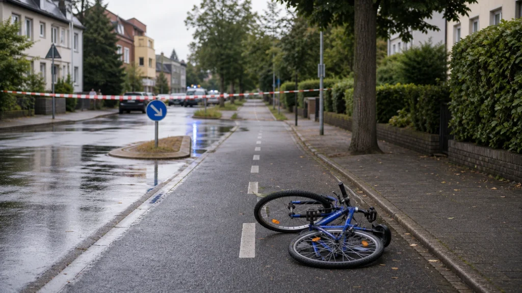 Leere Radweg-Unfallstelle als zurückhaltendes Symbolbild für einen verletzten Radfahrer in Krefeld.
