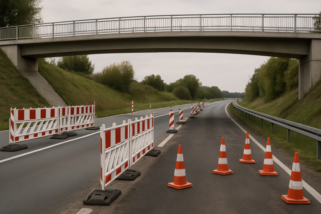 Symbolbild einer Brücke mit einspuriger Verkehrsführung und Baustellenabsperrungen, ohne Personen.