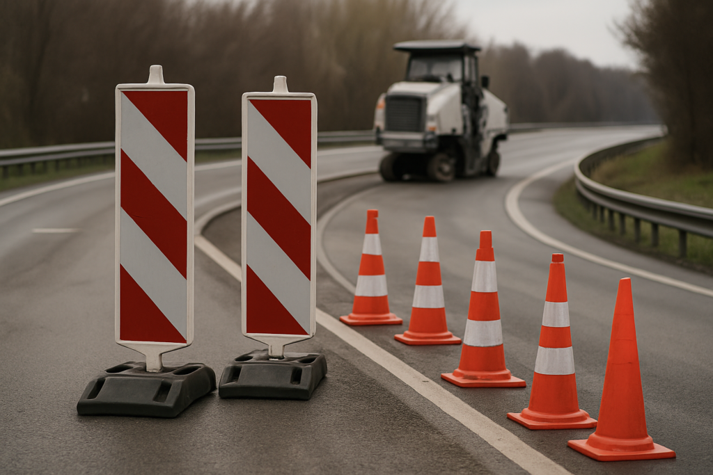 Leere Autobahnabfahrt mit Absperrungen und Leitkegeln, symbolisch für Sperrung und Straßenarbeiten.