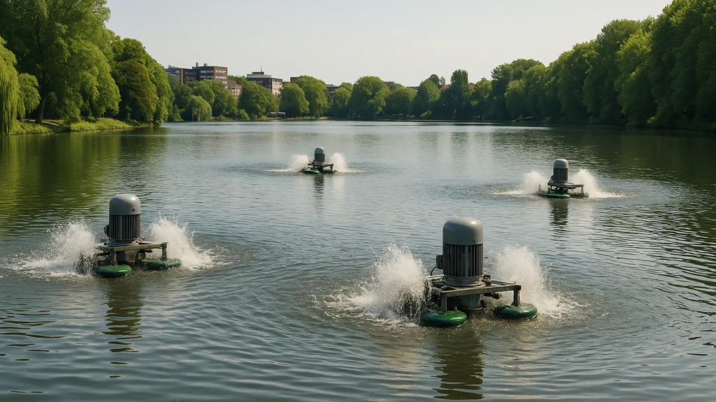 Belüftungsgeräte auf einem See als Symbol für den Schutz von Fischen im Aasee MÜnster.