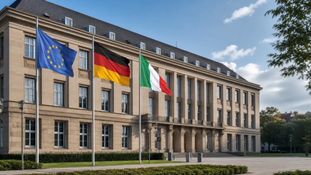 Öffentliches Gebäude mit Flaggen als Symbolbild für landesweite Beflaggung in Nordrhein-Westfalen.