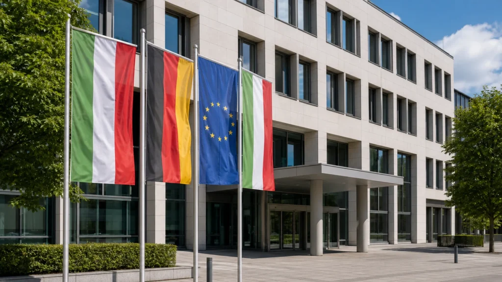 Öffentliches Gebäude mit Flaggen als Symbolbild für landesweite Beflaggung in Nordrhein-Westfalen.