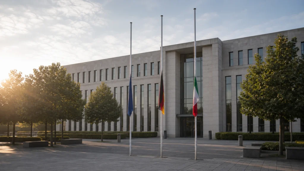 Neutrales öffentliches Gebäude mit Flaggen als Symbolbild zum Nationalen Veteranentag in NRW.