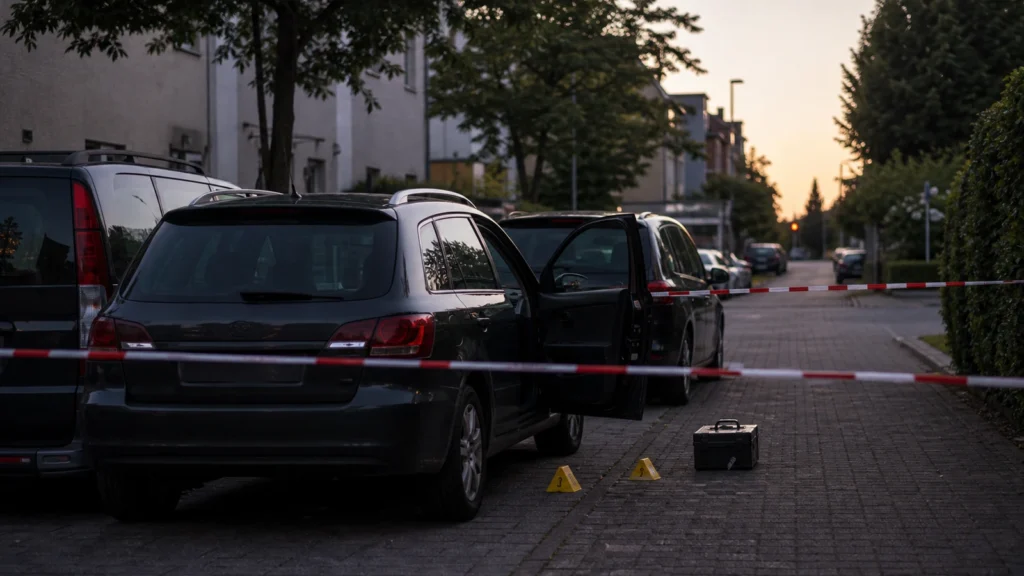 Parkende Autos hinter Absperrung als Symbolbild für Autoaufbrüche in Neuss.