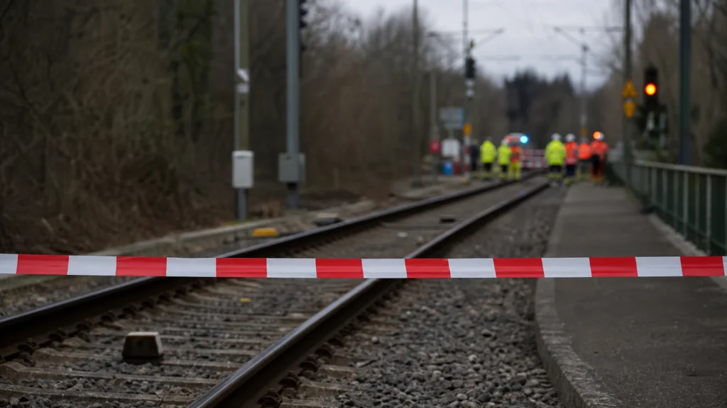 Abgesperrtes S-Bahn-Gleis als Symbol für einen gefährlichen Bahnunfall.