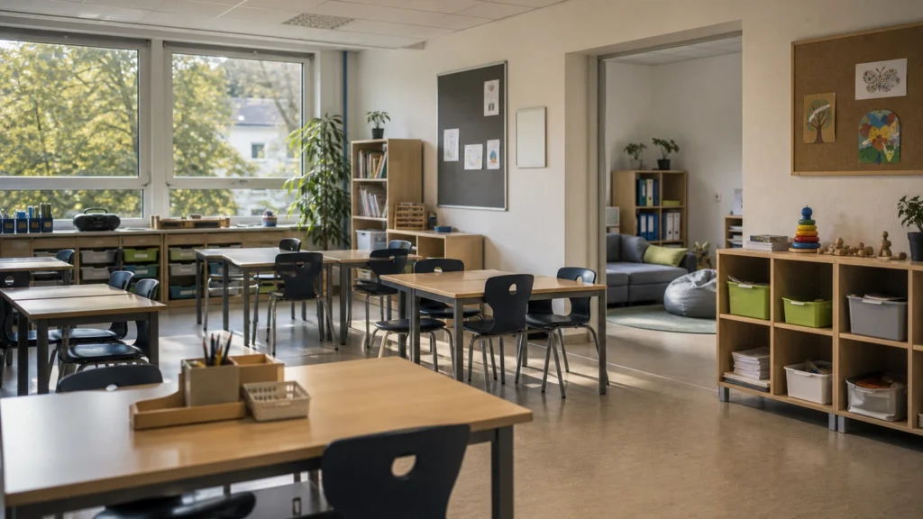Leerer moderner Klassenraum als Symbolbild für Ganztag Plus an Förderschulen in NRW.