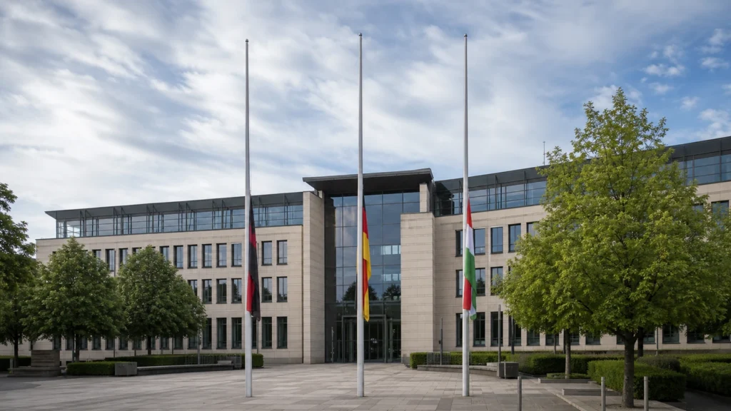 Öffentliches Gebäude mit Flaggen als Symbolbild für landesweite Beflaggung in NRW.