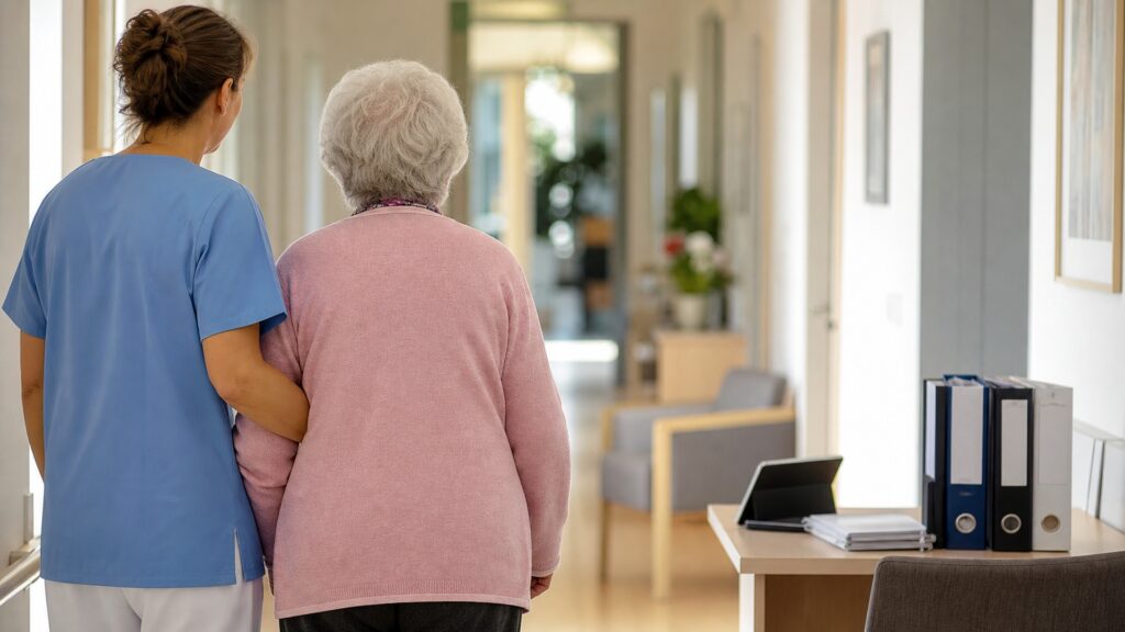 Eine Pflegekraft begleitet eine ältere Person in einer modernen Einrichtung.